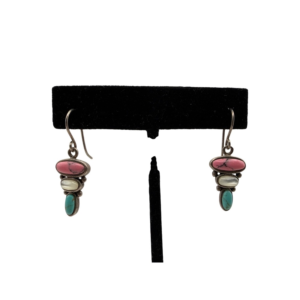 Sterling Silver 925 Pink Rhodonite Mother of Pearl Turquoise Drop Earrings Thai